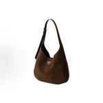 PRADA, a medium-sized women\'s single-shoulder bag with a magnetic clasp and a triangular logo on the front, in cocoa color
